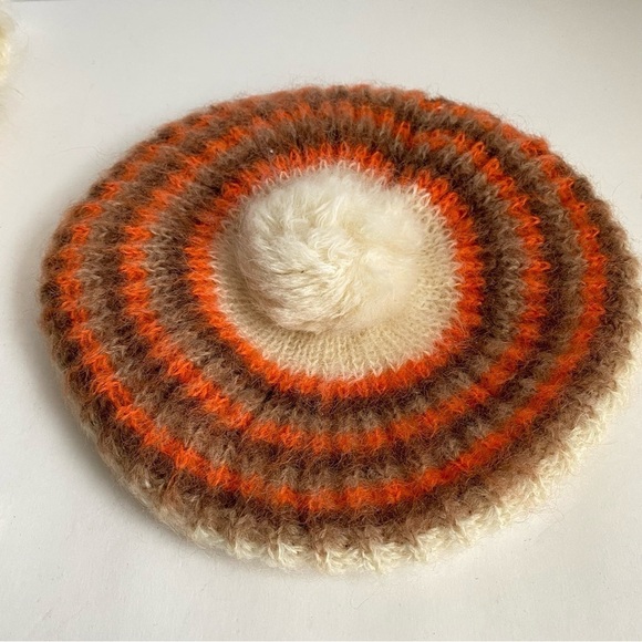 Vintage 60s Hat & Scarf Set Italian Knit Wool Mohair Winter Cream Orange Brown - Picture 3 of 14